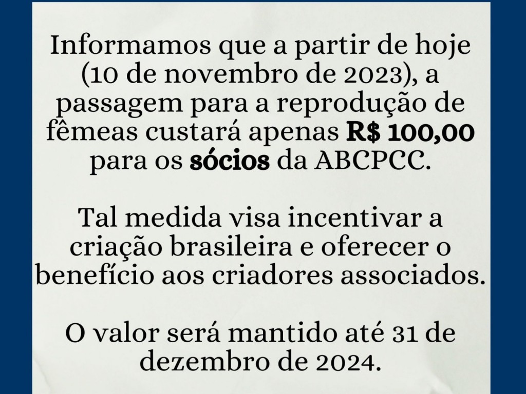 Foto: ABCPCC informa: redução - para sócios - no valor de passagem de égua para a reprodução