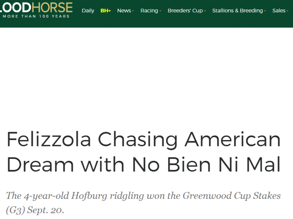 Foto: No Bien Ni Mal e Ricardo Felizzola são matérias de capa do site da Blood Horse